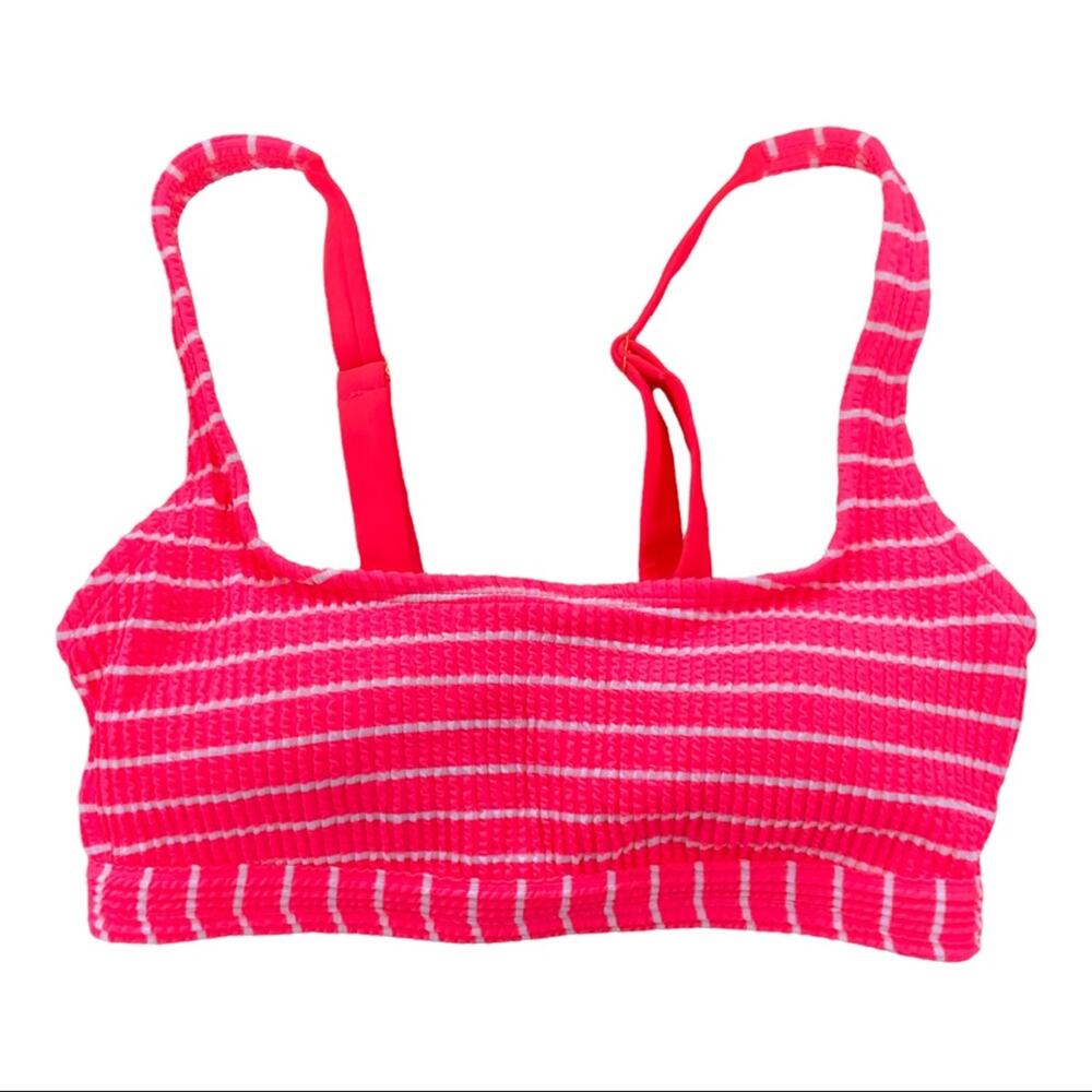 Xhilaration Hot Pink White Stripes Crinkle Lace Up Back Bikini Top Size Medium